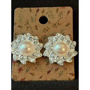 Napier Vintage Silver-tone Screw back earrings with Simulated Pearl, crystals